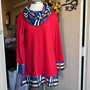 LONG-SLEEVE RED AND PLAID TUNNIC OR DRESS SIZE L